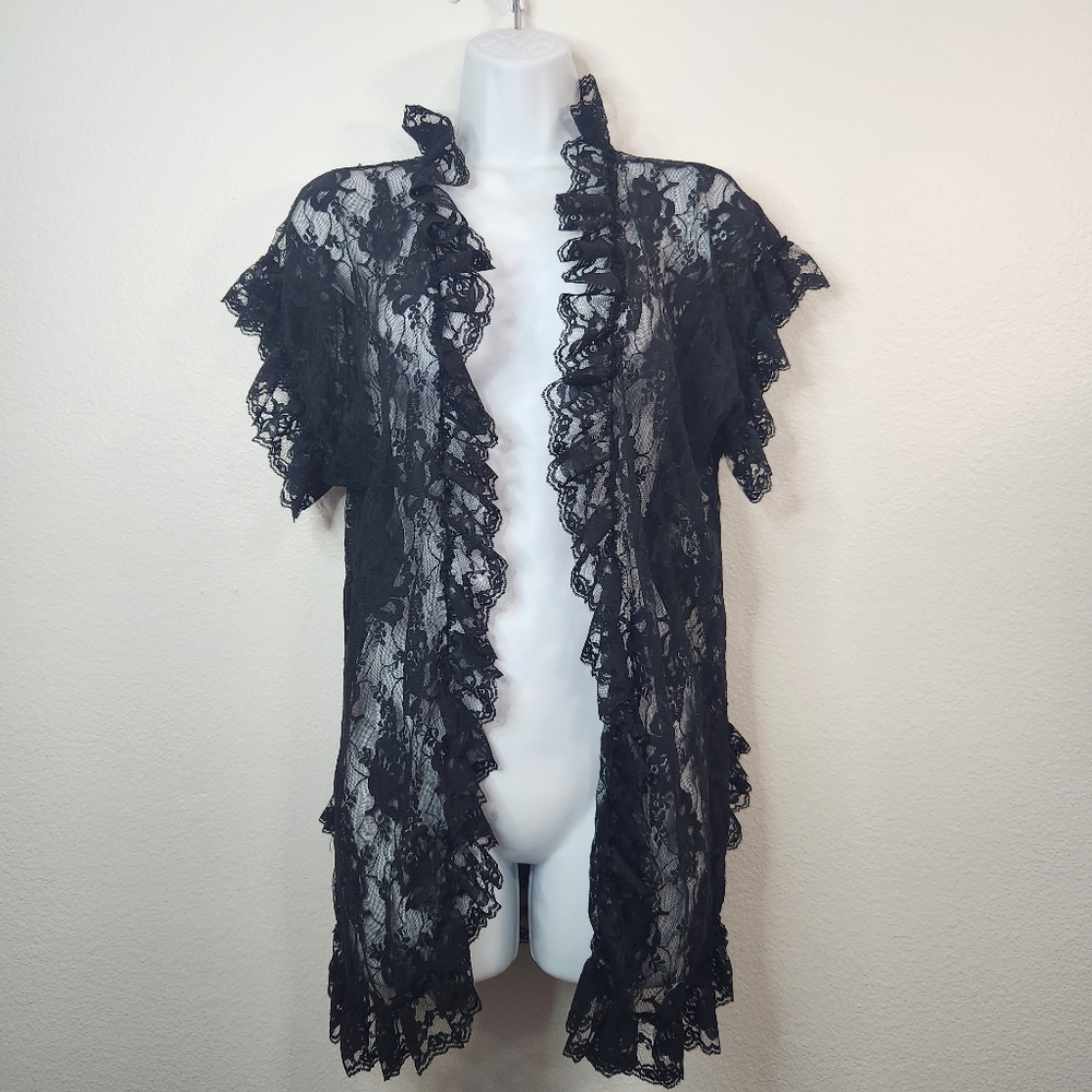 Frederick's of Hollywood Vintage 90s Sheer Goth Black Lace Cardigan